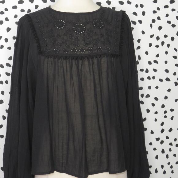 Free People Black Valencia Embroidered Boho Long Sleeve Peasant Top - Picture 6 of 10